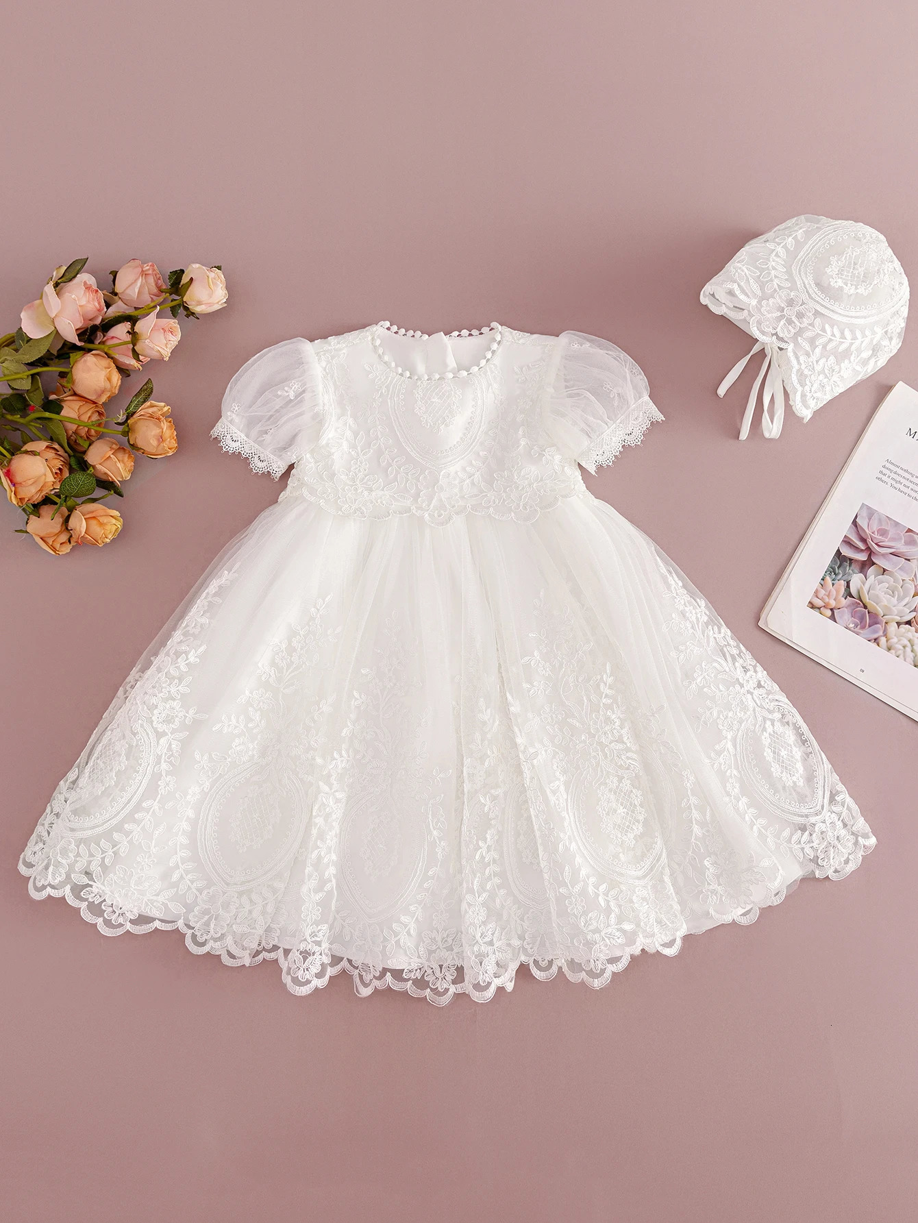 Baby Girls High-quality Embroidered Long White Christening Dress with Little Gauze Dress 250325