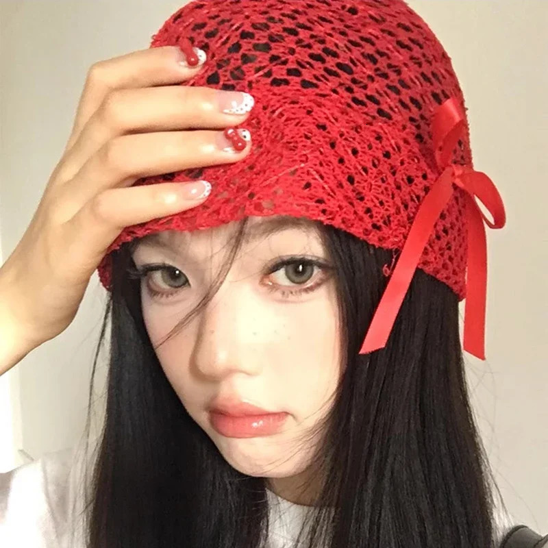 Y2K Black Lace Bow Beanies Caps Solid Hollow Knitted Hat Korean Girls Lace Beret Cap Fashion Breathable Skullies Turban Caps 250321