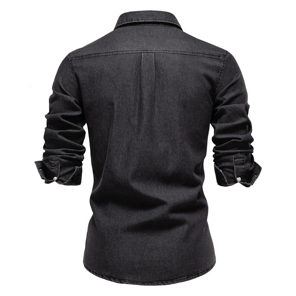 2025 mens denim shirt cotton casual long sleeved highquality patched workwear elastic 250326