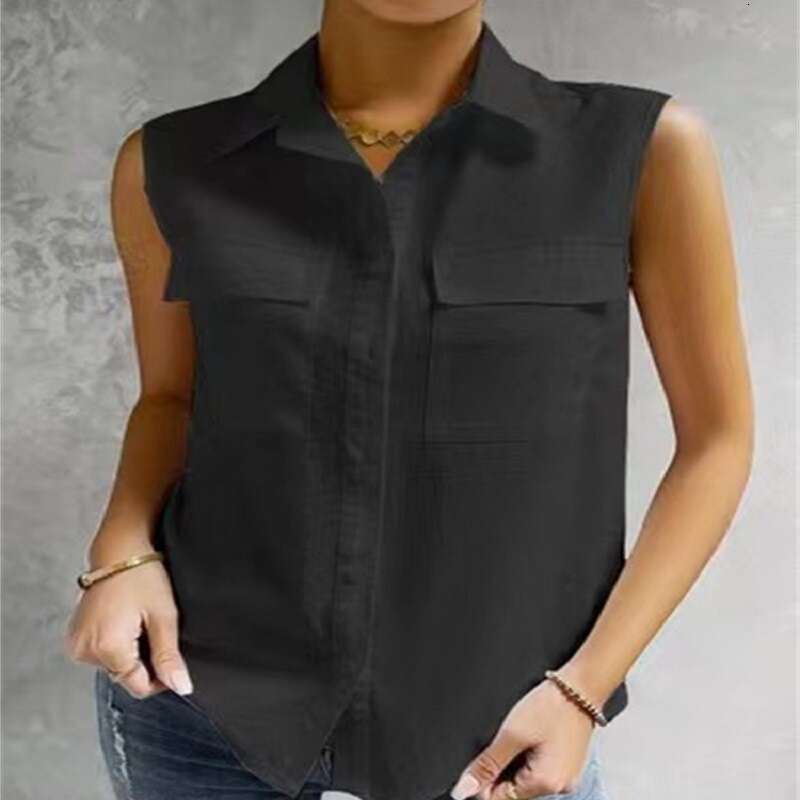 2023 Summer Cotton and Hemp Wind Sleeveless Collar Women's Double Pocket Shirt