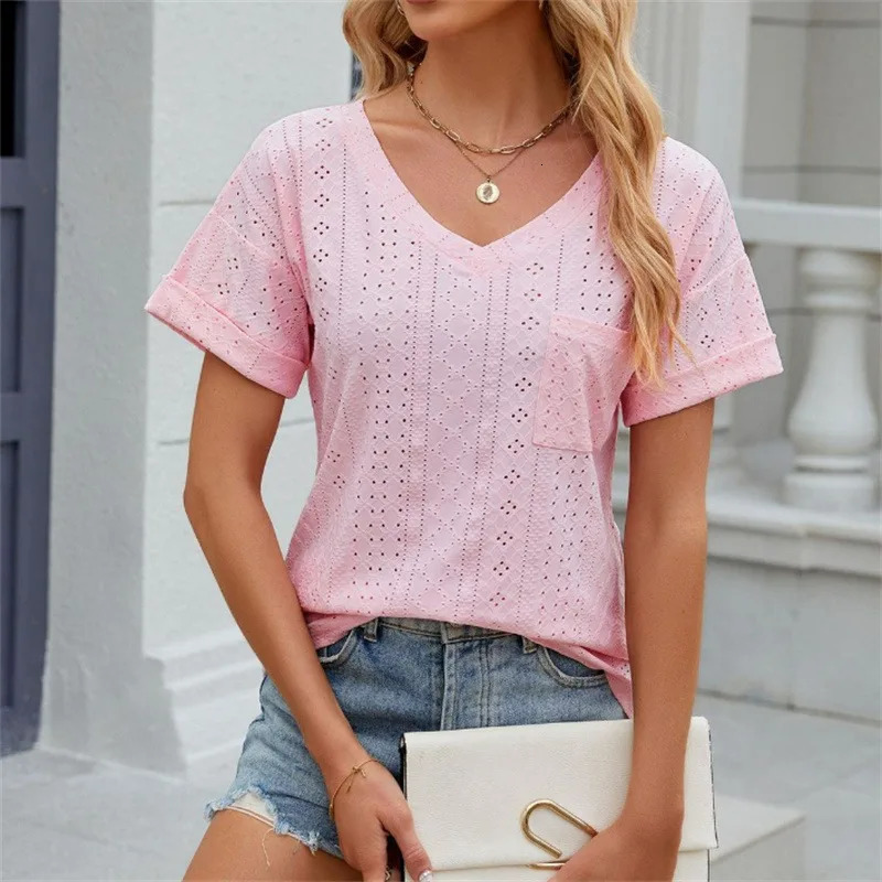 Womens summer fashion hollow pocket basic T-shirt street clothing casual V-neck short sleeved solid loose chic top Ropa De Mujer 250321
