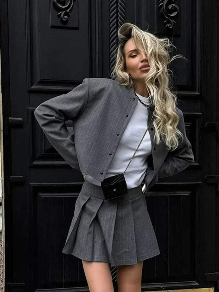 Striped Short Jackets Skirts Set Women Casual Long Sleeve Suit Coat Mini Skirt Sets Female Elegant Chic Gray Outfits Streetwear 250321