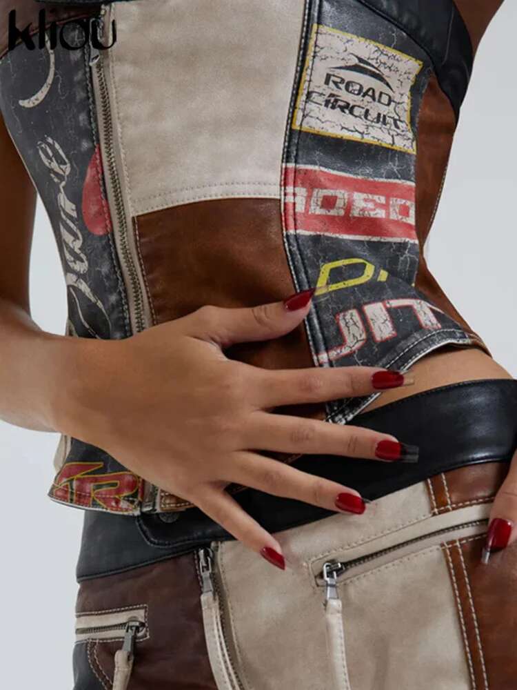 Kliou Patchwork Print Leather Zipper Crop Tops Women Sexy Wrapped Chest Botton Skinny Vest Ladies Trendy Streetwear Clothing