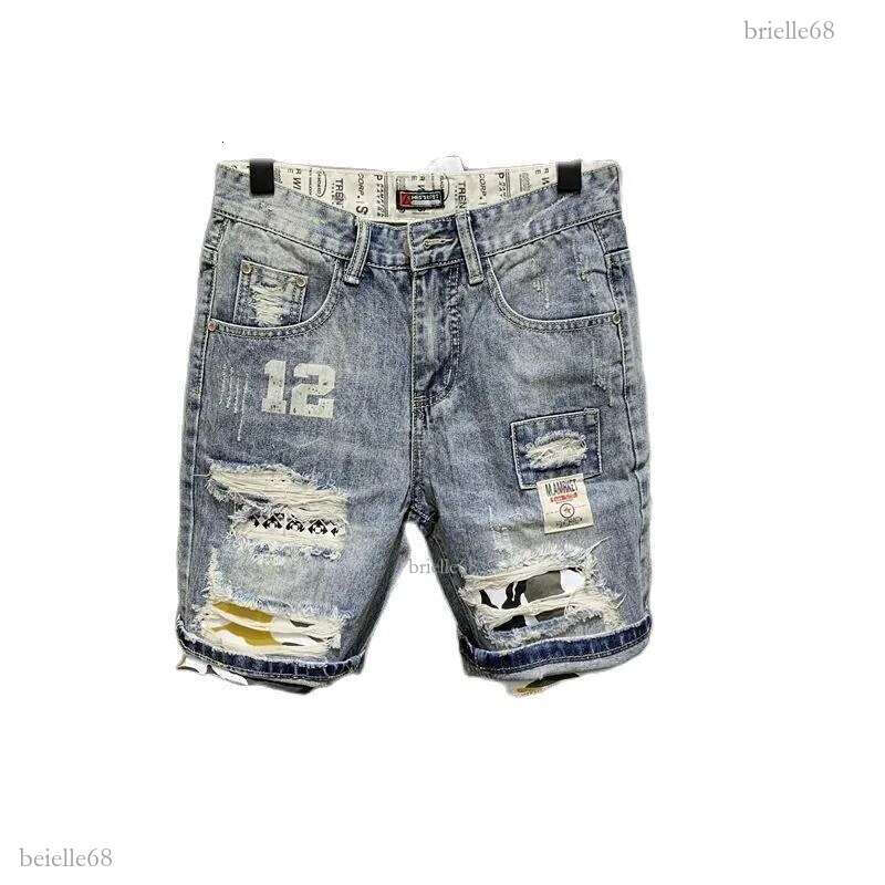 Men's Jeans Wholesale 2021 Korean Fashion Men Casual Beggar Hole Denim Shorts Brand Printed Patch Ripped Short Pants