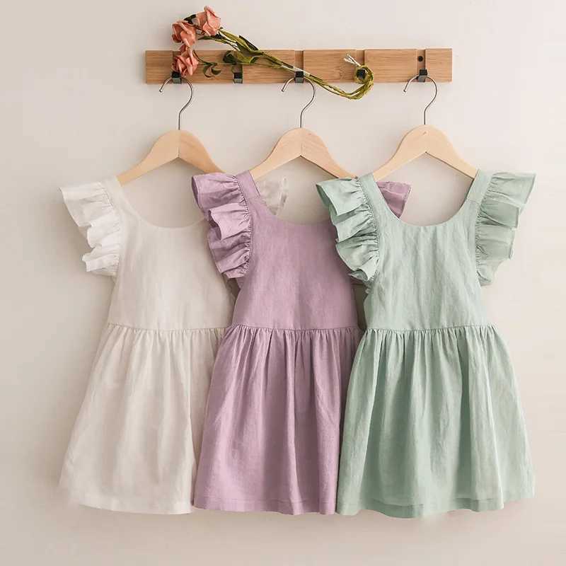 2024 Summer New Cute Cotton Linen Princess Dress Solid Color Ruffle Sleeveless Dress TZ47 W250326
