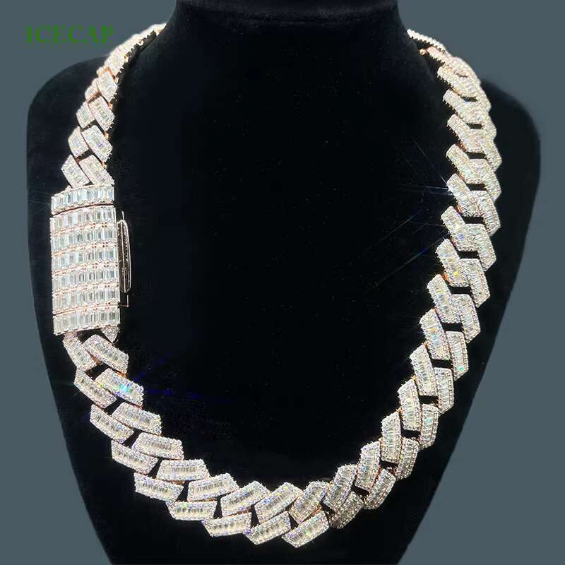 ICECAP Fine Jewelry VVS Moissanite Diamond Rose Gold Plated Round Baguette Moissanite Necklace Cuban Chain