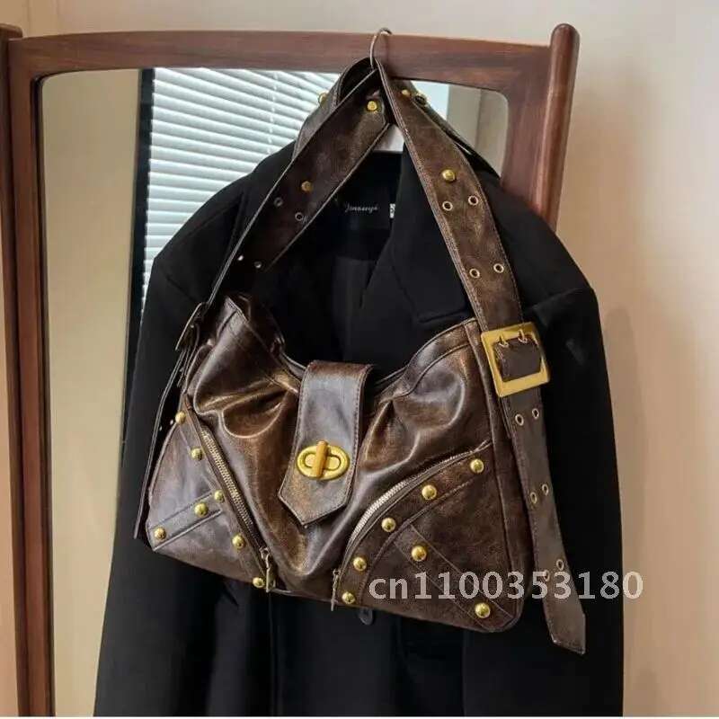 JIAERDI Vintage Rivet Coffee Shoulder Bags Women Y2k Grunge Large Moto Female Chic Tote Biker Handbag Bag Messenger Capacity