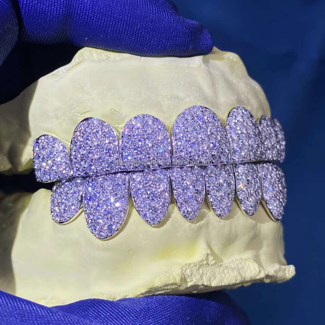 925 Sterling Silver Hip Hop Jewelry Honeycomb SettingTeeth Grillz With Custom Rich Ice Out Moissanite Diamond Grillz