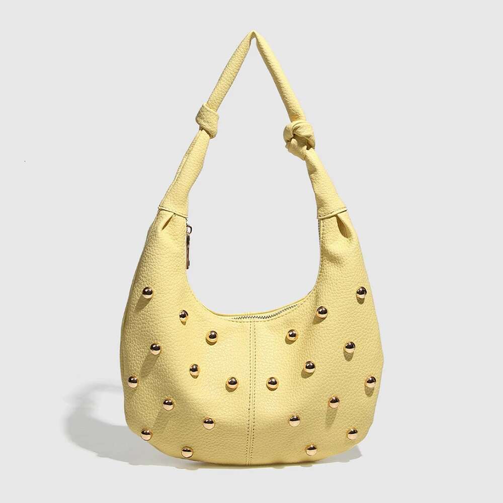 Metallic Rivet Shoulder Half Moon Yellow Bags For Women Handbag Soft PU Leather Cloud Bag Croissant Shopper Purses NEW