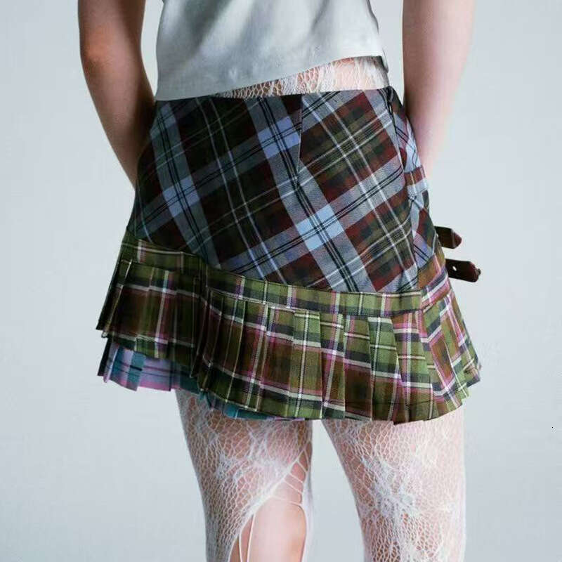 American Spicy Girl Plaid Half Skirt With Irregular Pleated Patchwork Design, Y2k Short Skirt, Women's Spring And Summer New Style