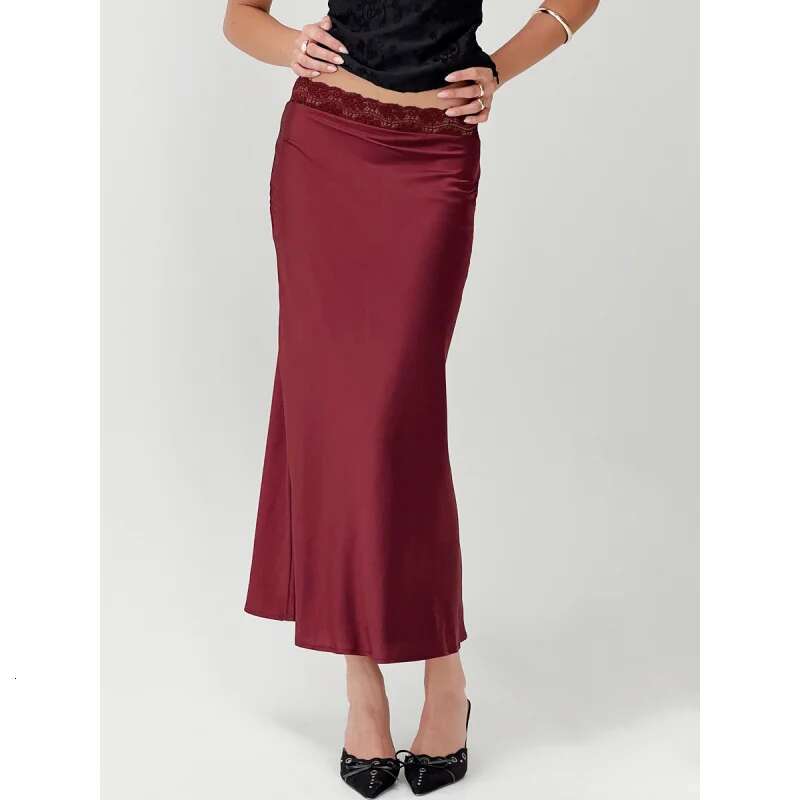 Dongdumaoyi DAMES Kant Taille Satijnen Midi Rok Mode Sexy Elastische Bodycon Lange A