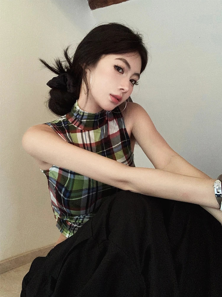 Tonngirls Vintage Tank Tops Plaid Sleeveless Skinny American Retro Crop Tops Grunge Y2k Tank Tops Streetwear Summer Classical 250321