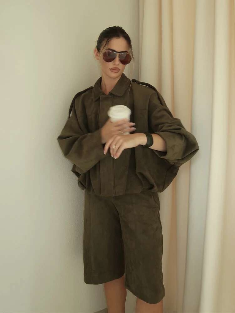 High Street Suede Jackets Women Vintage Loose Lapel Long Sleeves Elastic Band Coats Female 2025 Spring Zipper Chic Streetwears