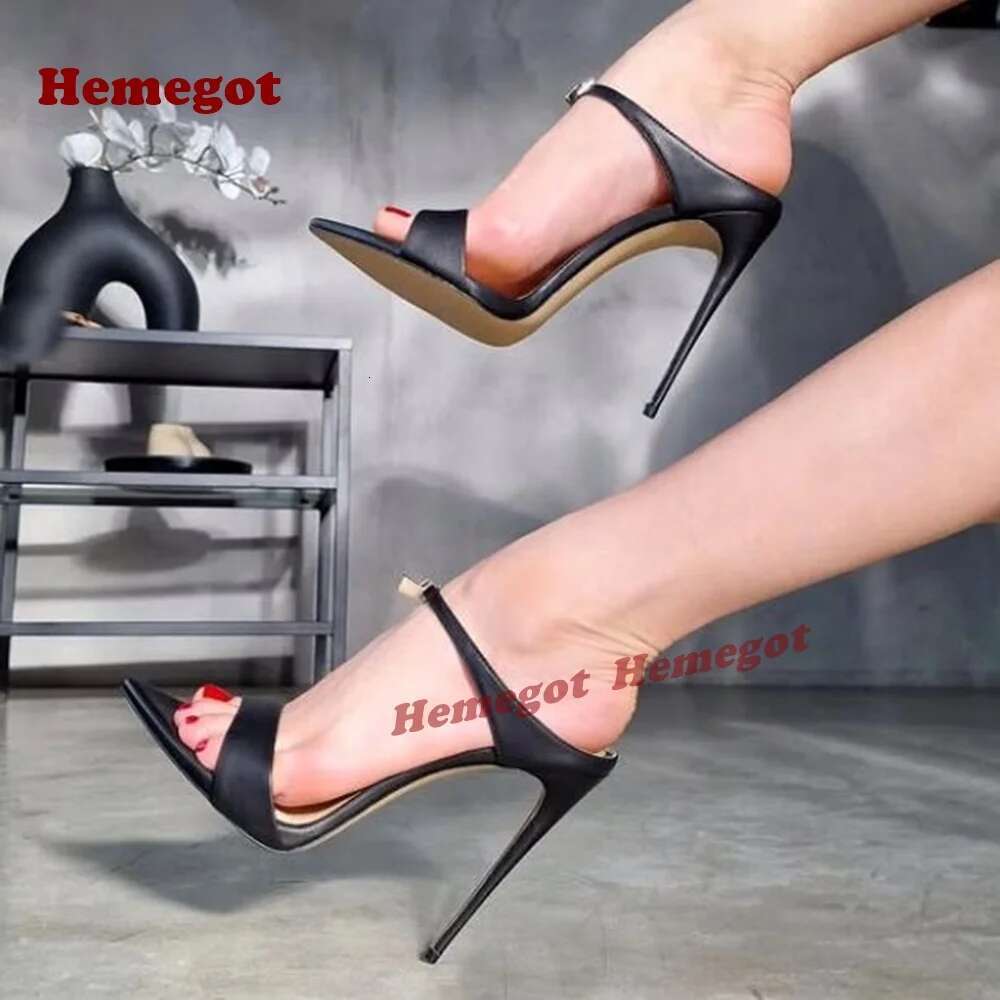 One Straps Buckled Summer Pointy Toe Stiletto Black Leather Women's Slippers 2025 New Thin High Heels Sexy Cut Out Shoe