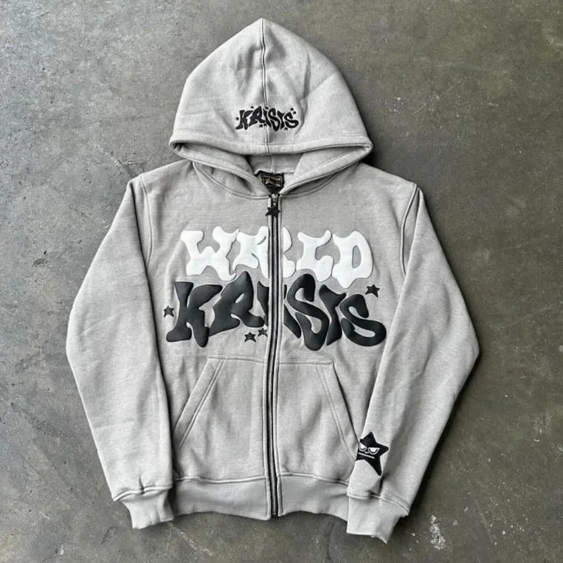 Y2k Street Personality Trendy Zipper Hoodie with Extra Large Letter Star Print Fashion Casual Sports Sweatshirt for Men 250324