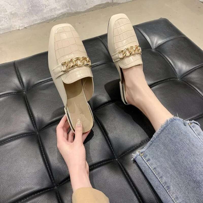 2025 Summer New Chain Mule Women's Designer Fashion Slippers Square Toe Women's Striped Shoes Summer