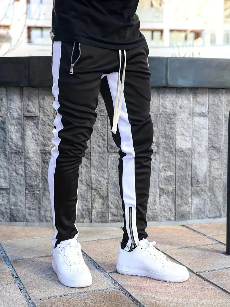 Mens sportswear jogging pants mens casual fashionable colored zipper pockets drawstring sports leggings 250326