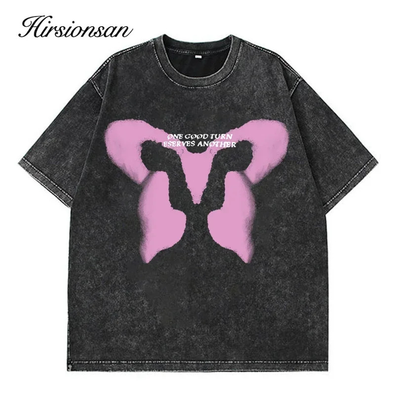 Hirsionsan Acid Washed T Shirt Women Vintage Cotton T-shirts Streetwear Soft Mineral Tees Loose Pink Bow Graphic Tops Y2k 250321