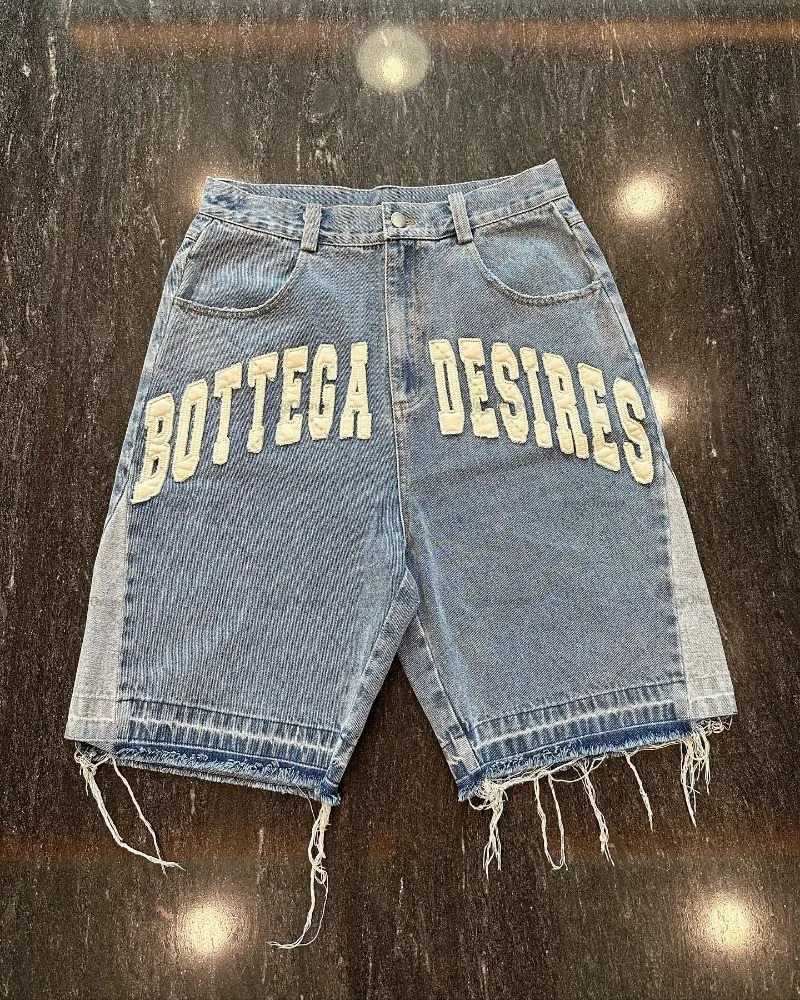 American Street Embroidery High Waist Washed Denim Shorts Harajuku Retro Trendy Oversized Jeans Men Y2k Goth Punk Shorts 250325