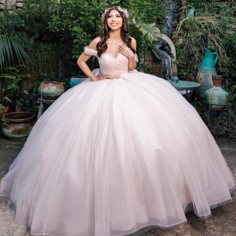 Light Pink Shiny Off The Shoulder Quinceanera Dresses 2025 Ball Gown Sweet 16 Dress Princess Gala Vestido De 15 Anos