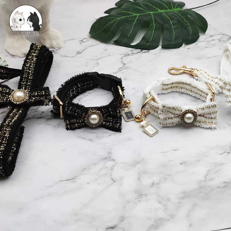 Lace Dog Collar Set Retro Bow Pearl Bell Girl Dog Adjustable Collar for Small and Medium Sized Dogs Puppy Collar Pet Supplies X250326