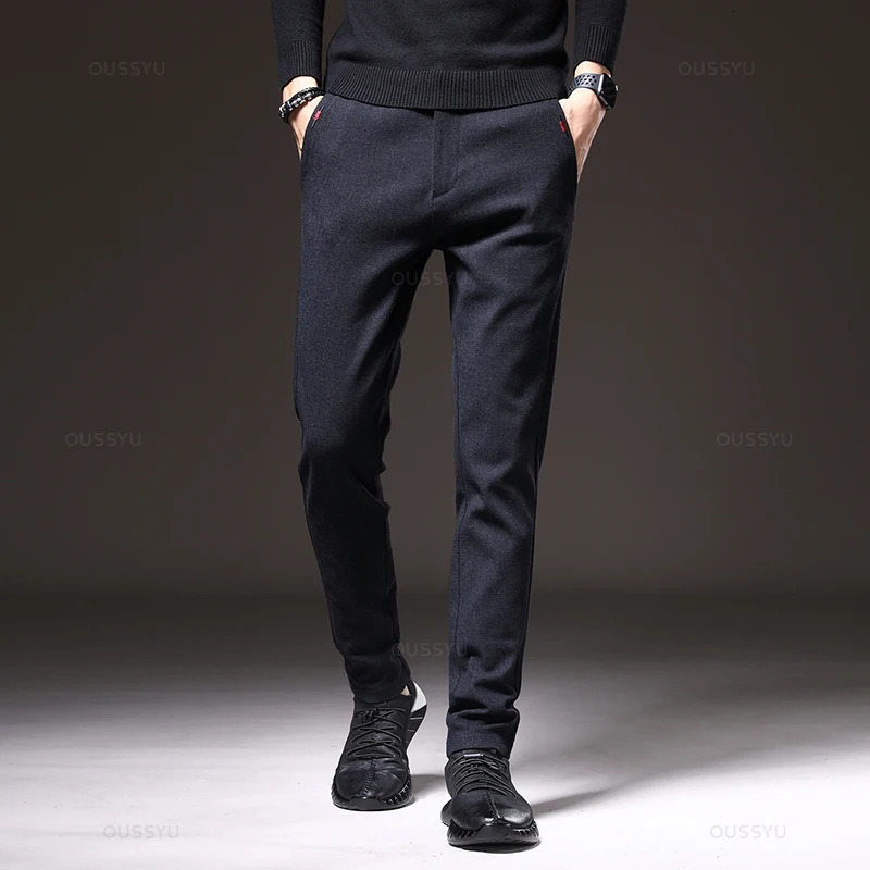 Autumn mens casual pants commercial fashion elastic waist slim fit thick gray black cotton Trouser 250326