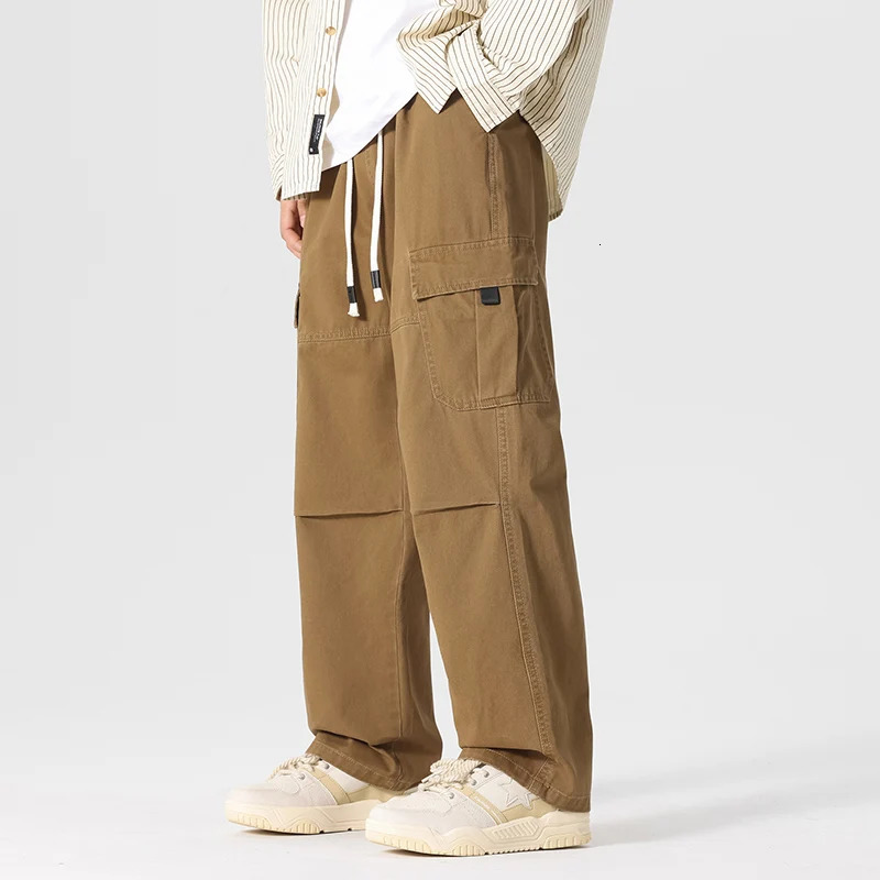 Loose Straight Cargo Pants Men Multi Pocket Fashion Casual High Street Pant Drawstring Spring Summer Korean Hip Hop Trousers 250321