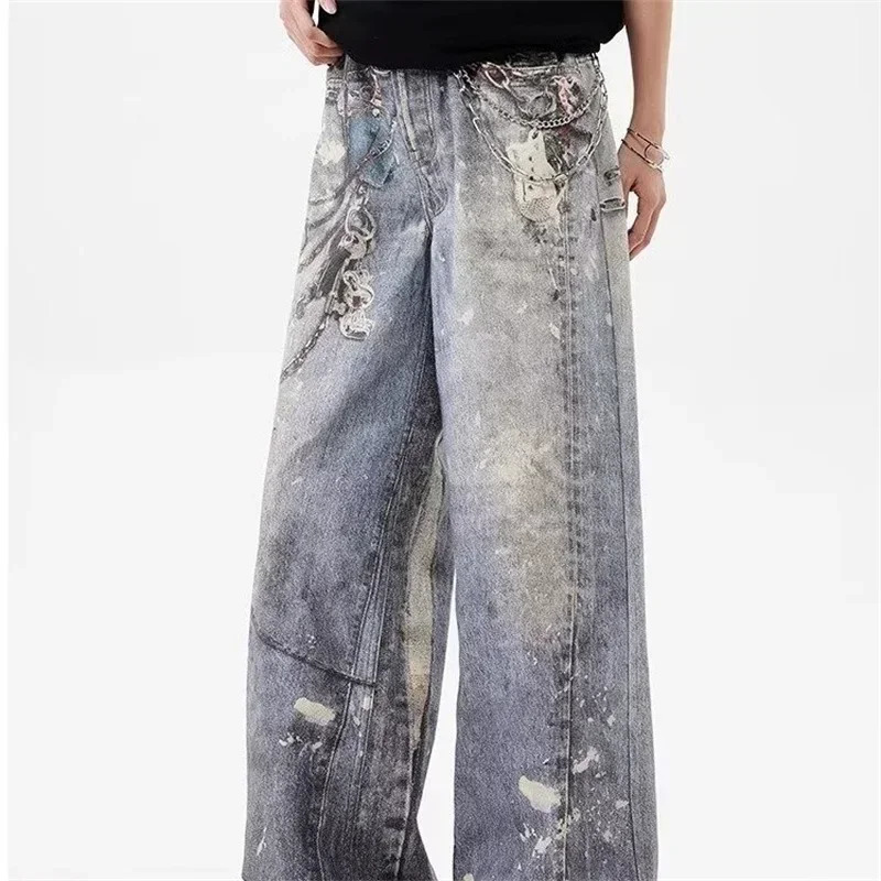 2024 mens 3D chain printed bag style jeans autumn casual straight denim pants high street blue wide leg Y2K 250326