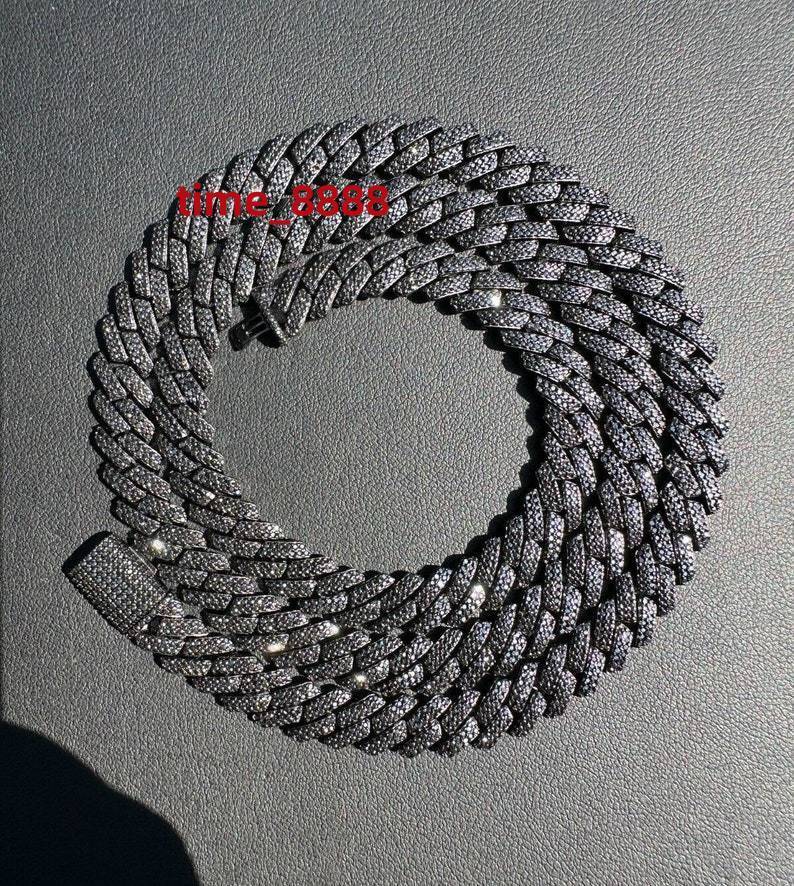 MOISSANITE 925 Sterling Silver Cuban Link Chain Necklace 8mm-12mm Strand 16-30 Lengths Black Rhodium over Prong Cuban Link