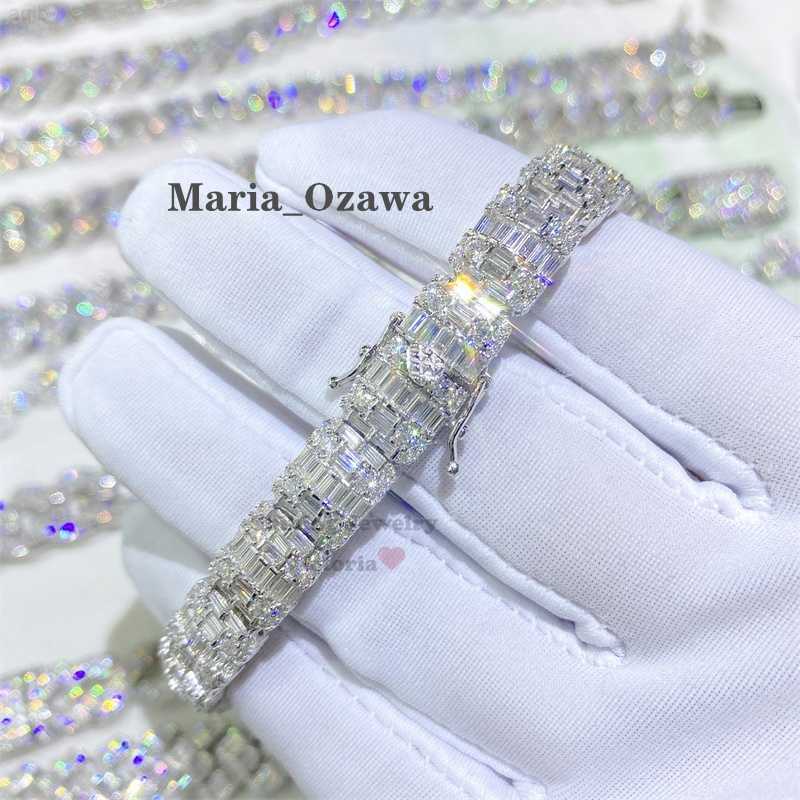 Solid Silver Men Fashion 10mm Vvs Moissanite Diamond Gra Baguette Tennis Bracelet