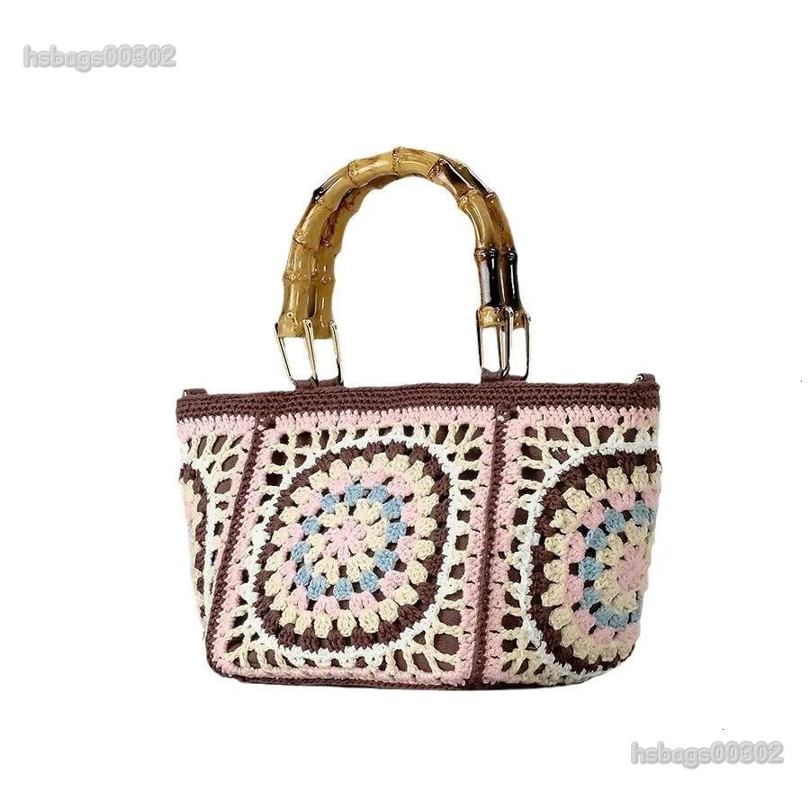 Lady Bamboo Shoulder Handmade Crochet Woven Bag Fabric Strip Designer Handbag Purses For Women Tote Bags