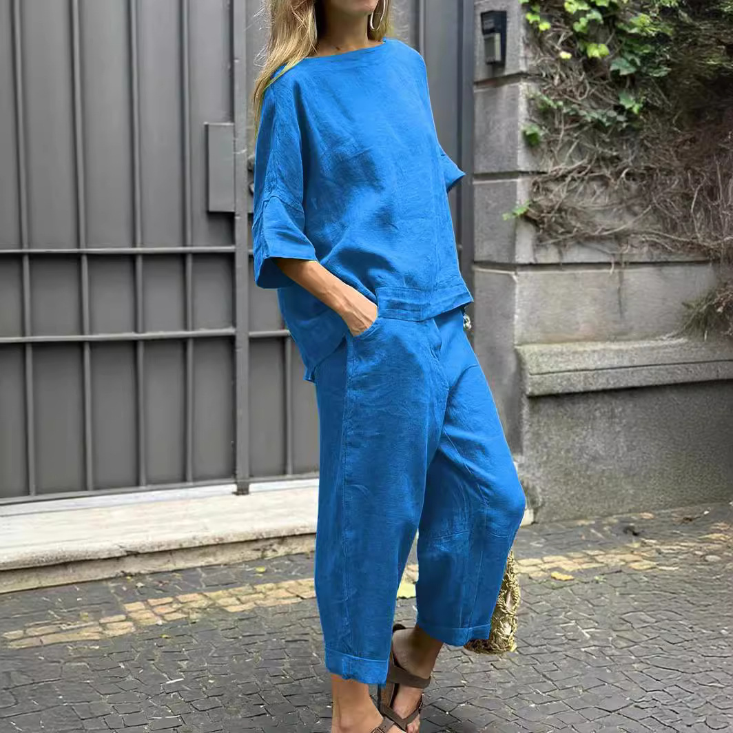 Women's 2 Piece Cotton And Linen Shirt Suit New Spring Summer Fashion Casual Loose Elegant Office Holiday Sets Female Black R250326