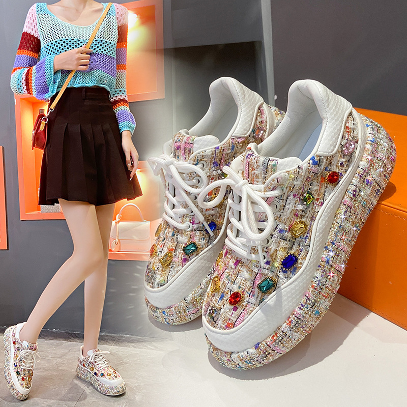 2025 European Style Summer New Light Luxury Breathable Single Shoe Thick Sole Casual Sports Rhinestone Mesh Shoes Women s Height Increasing Fashionabl