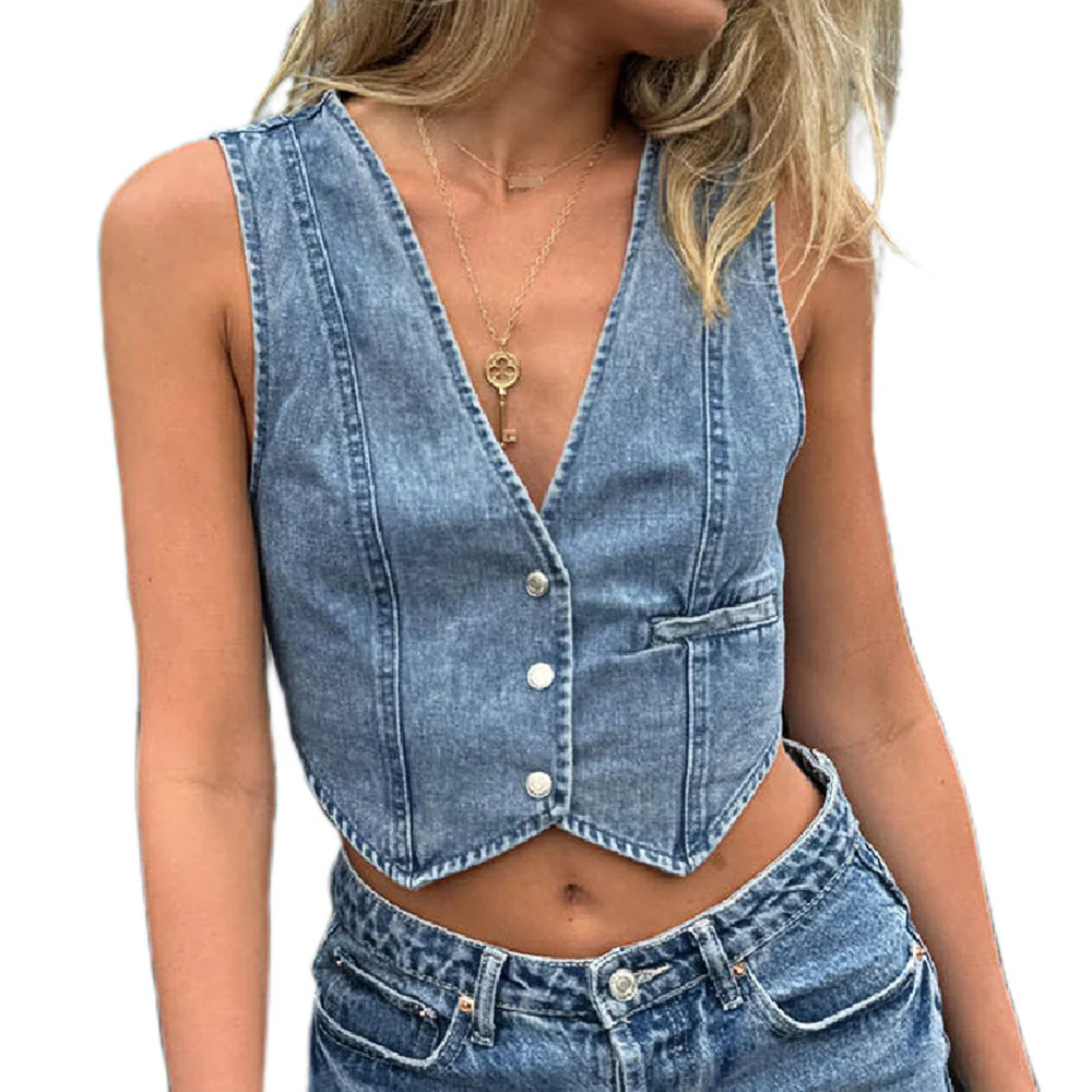 Mia Muse Denim Vests Fashion Daily Single Breasted Bright Line Decoration Sleeveless V-Neck Casual Vests For Women 250320