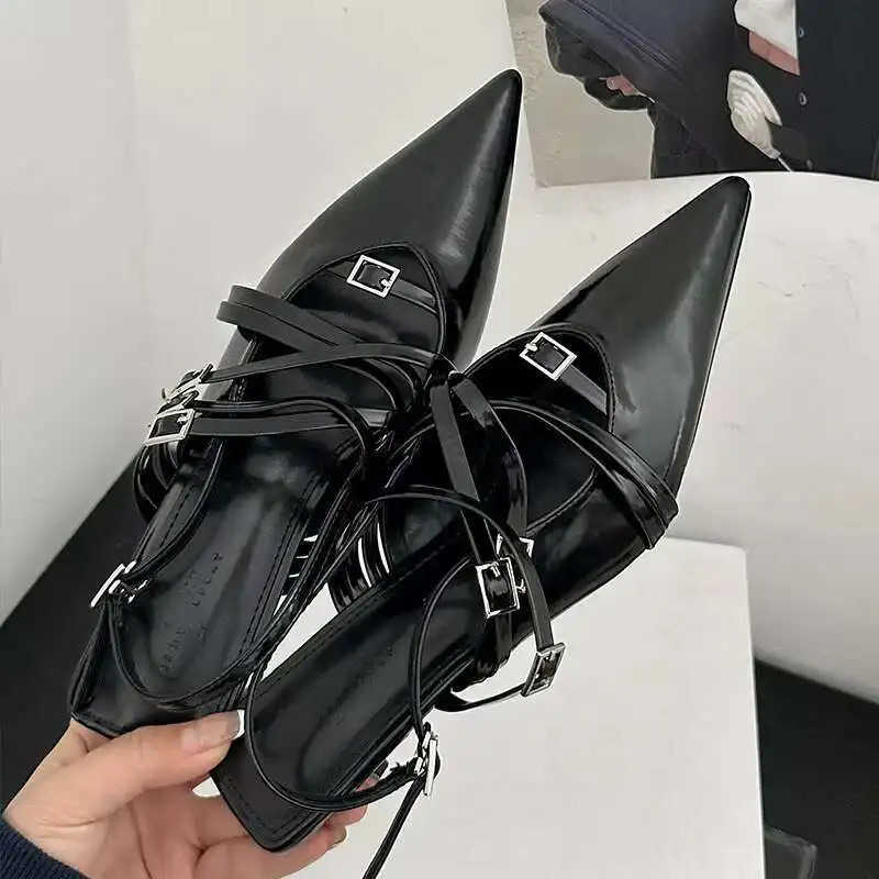 Red Fem Pointed Toe Footwear Sexy Par Ladies Heeled Sandals Shoes Fashion Buckle Strap Wen Low Heel Sandals Shoes Z250326