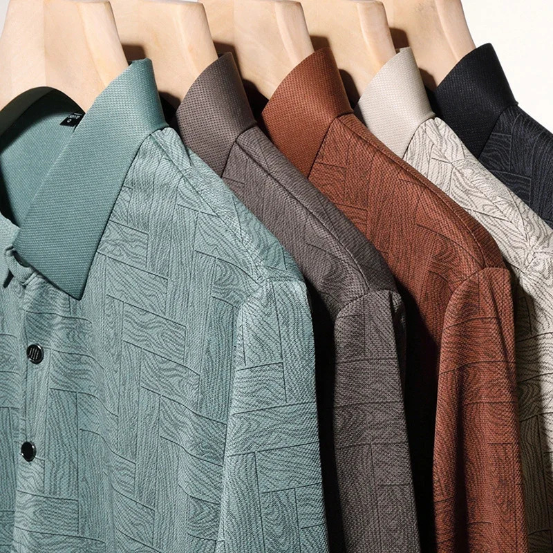 Mens business casual long sleeved solid color polo shirt fashionable breathable and comfortable Versatile top y250326