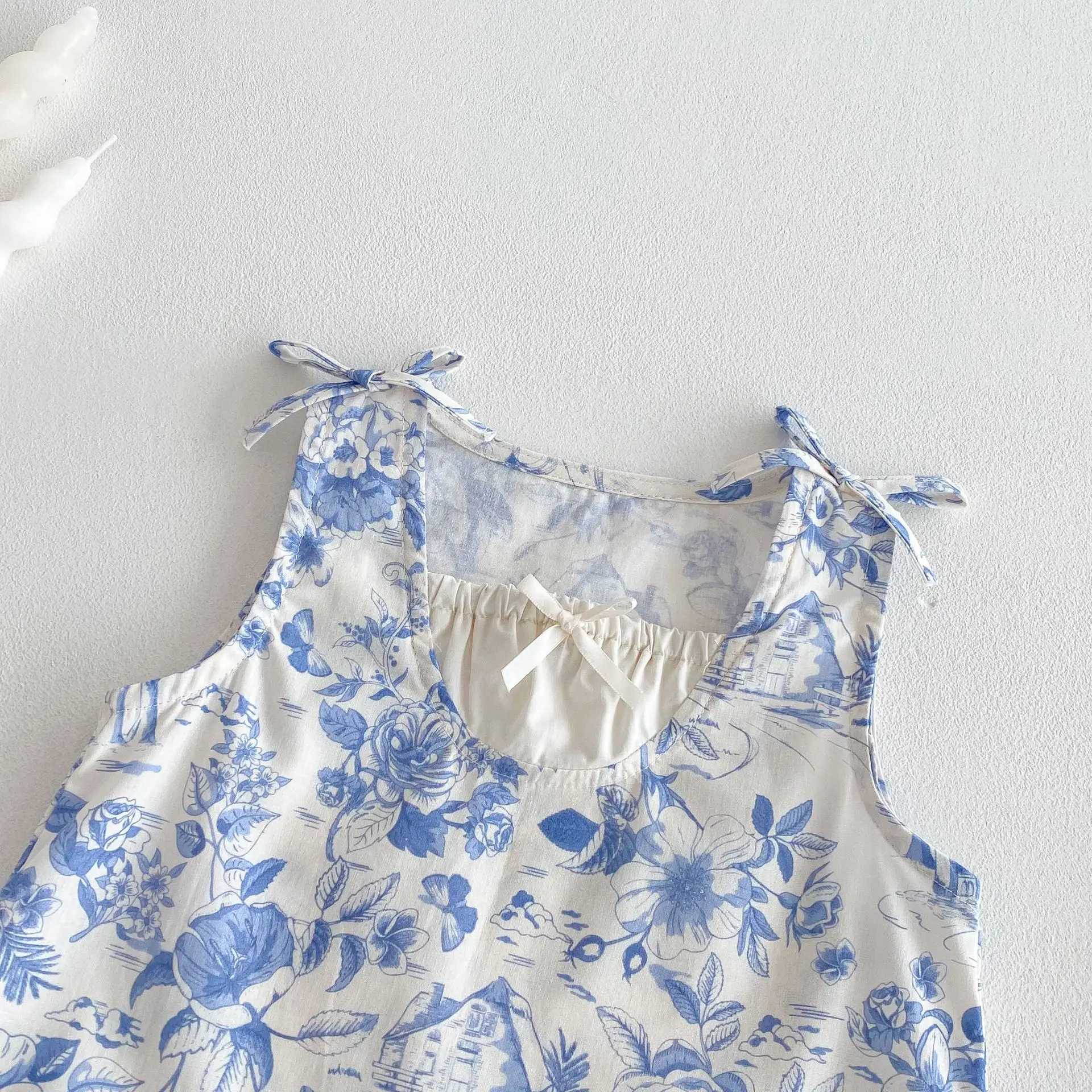 2025 New Summer Childrens Chiffon Chinese Sleeveless Princess Dress Suitable for Girls - Blue and White Jewelry Elements W250326