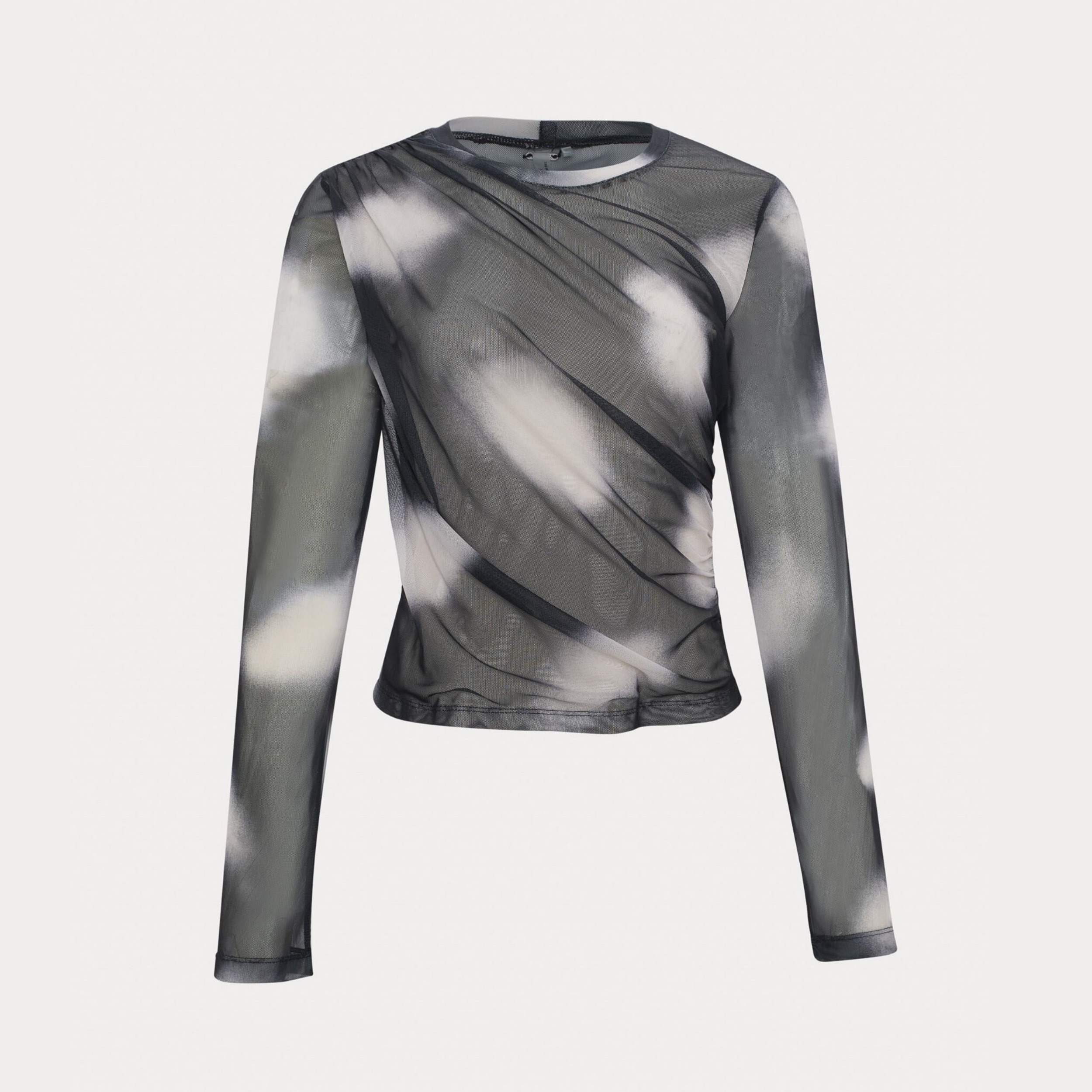 Women's Black Sheer Tie-dye Print Mesh Top Niche Fashion Round Neck Long Sleeves Breathable Tees