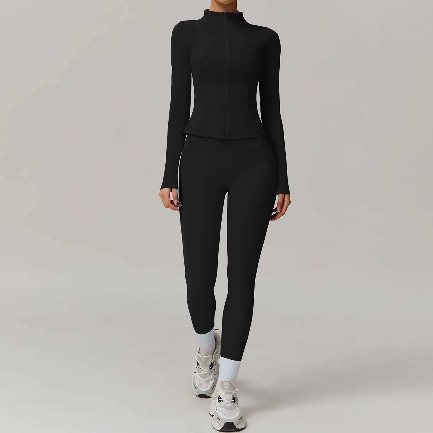 2PCS Yoga Set Womens Gym Set Long Sleeve Zipper Sports Set Womens Track and Field Wear Running Push Up Sports Wear Womens Sports Shirt W250326