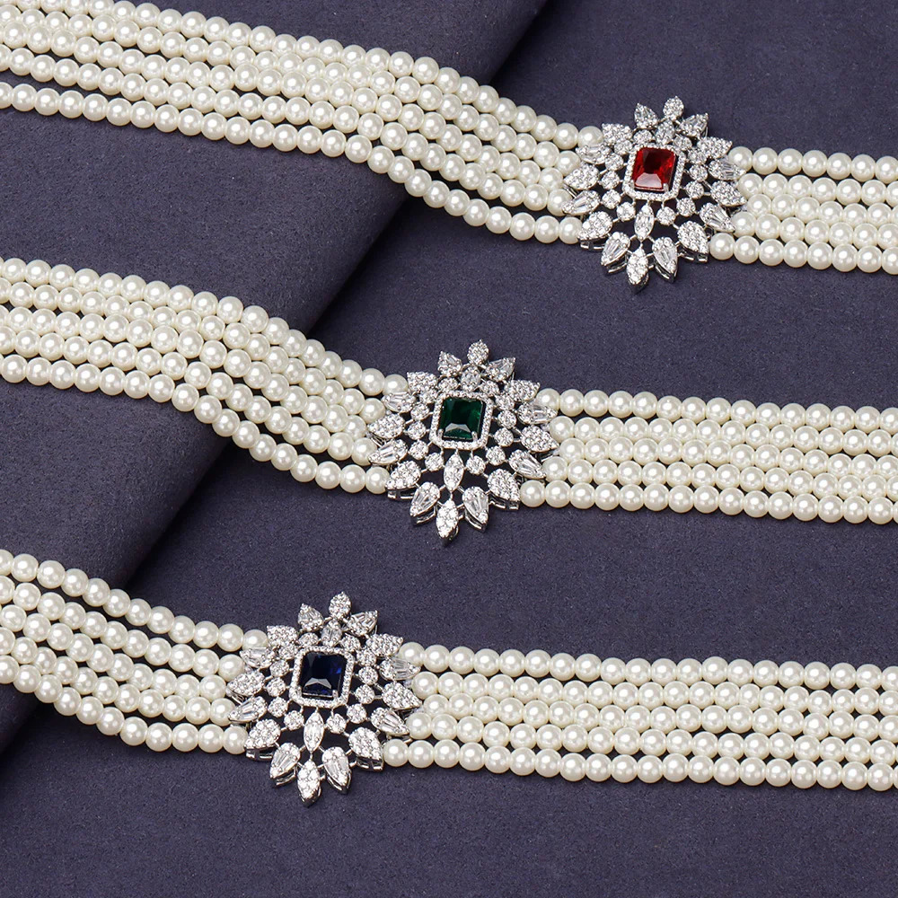 Gorgeous 5 Layered Imitation Pearl Choker with Planet Pendant Necklaces Bracelet Zircon 4PCS Jewelry Set for Women Wedding 250318