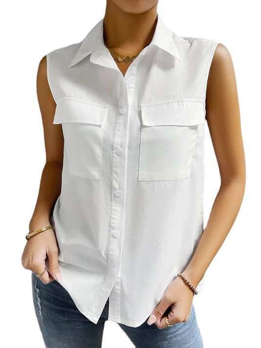 2023 Summer Cotton and Hemp Wind Sleeveless Collar Women's Double Pocket Shirt