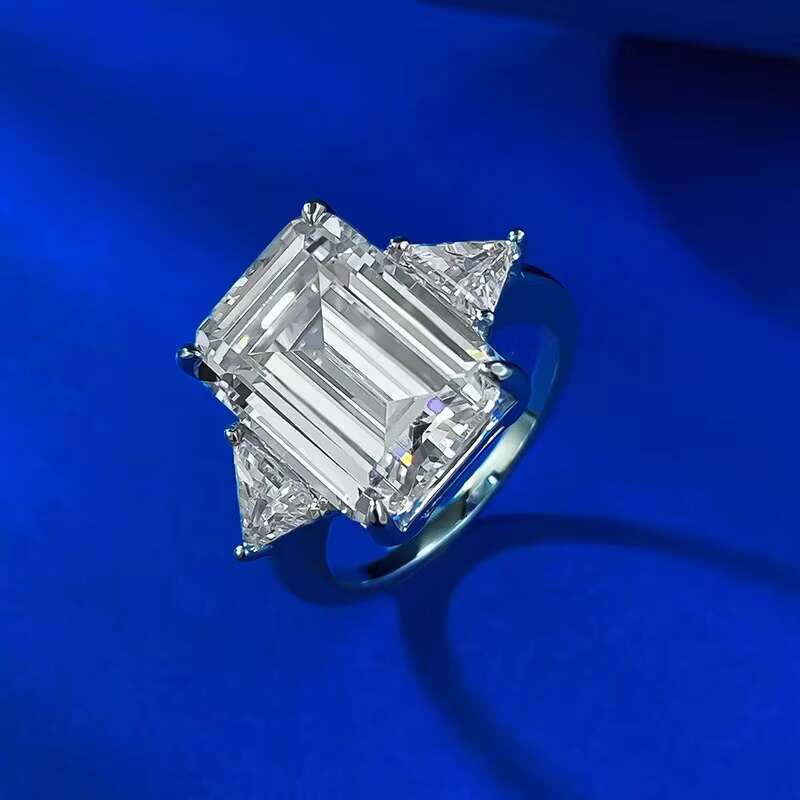High Quality 925 Sterling Silver Moissanite Wedding Ring D Color 10*14mm 10CT Emerald Cut 18K White Gold Plated