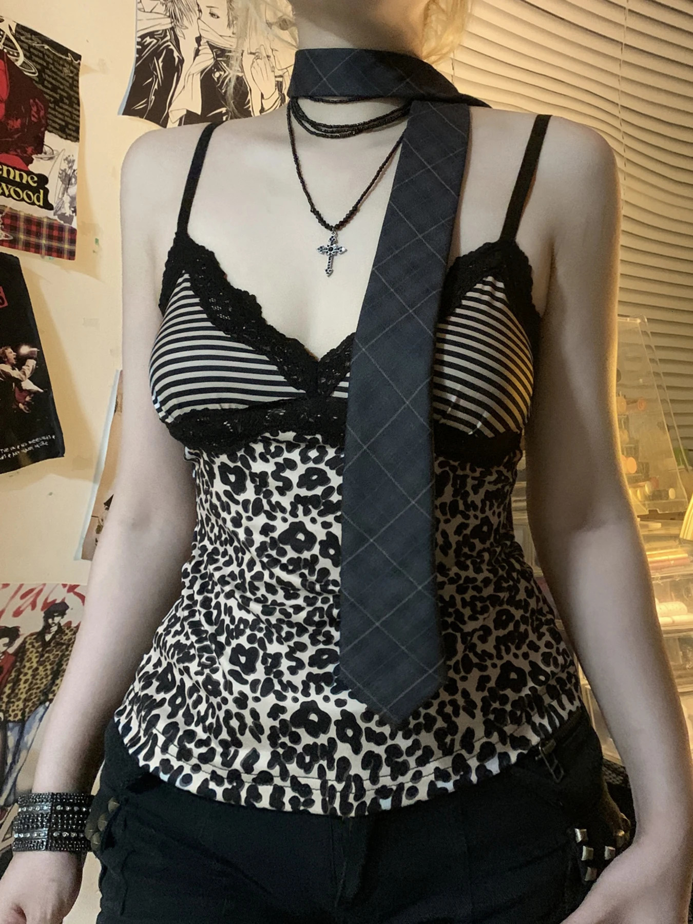 AltGoth Pastel Goth Y2k Leopard Camisole Womens Street Clothing Retro Harajuku Lace Patchwork Crop Tank Top Emo Alt Grunge Clothing 250321