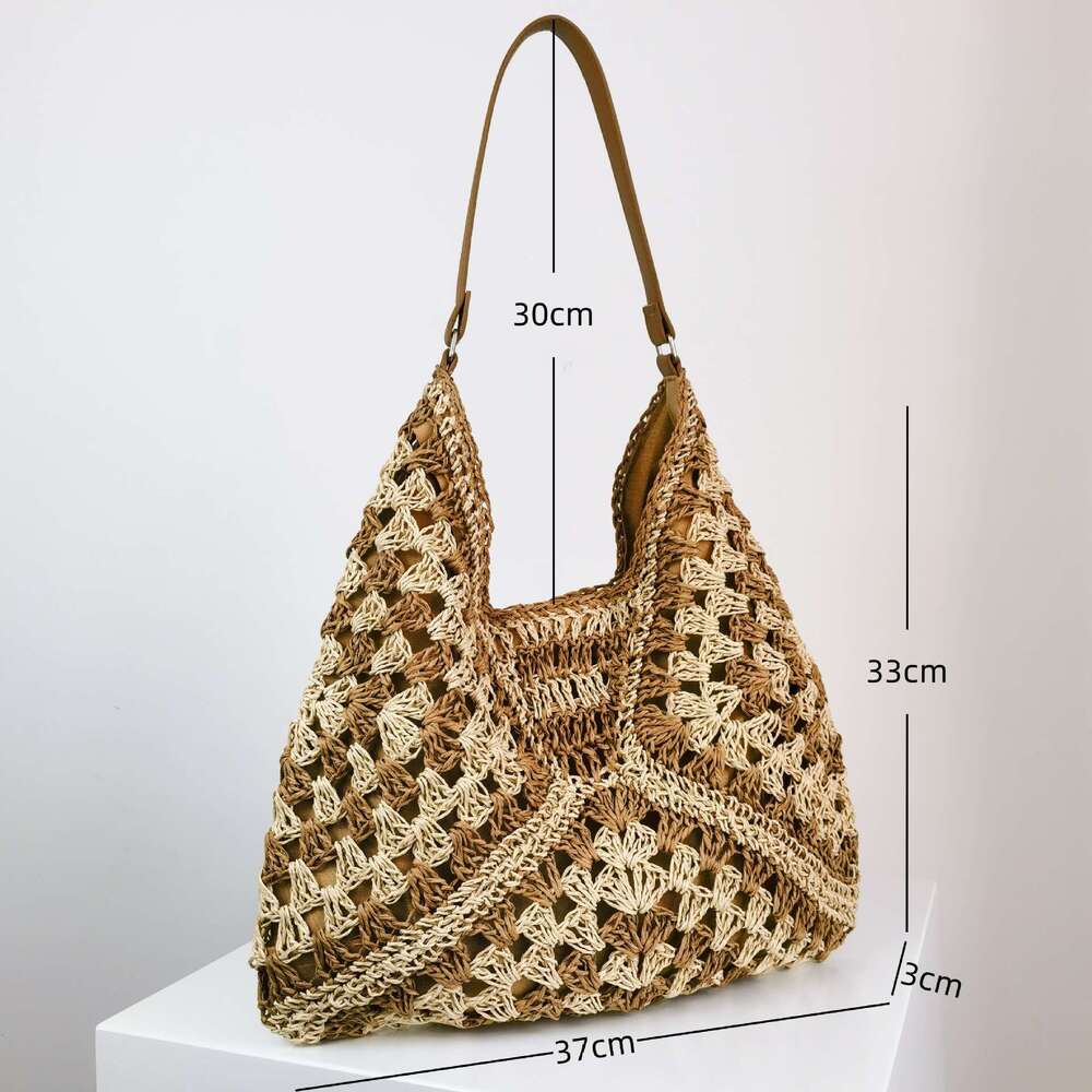9f 2023 New Handmade Grass Woven Hollow Square Flower Large Triangle Contrast Knitted Shoulder Bag
