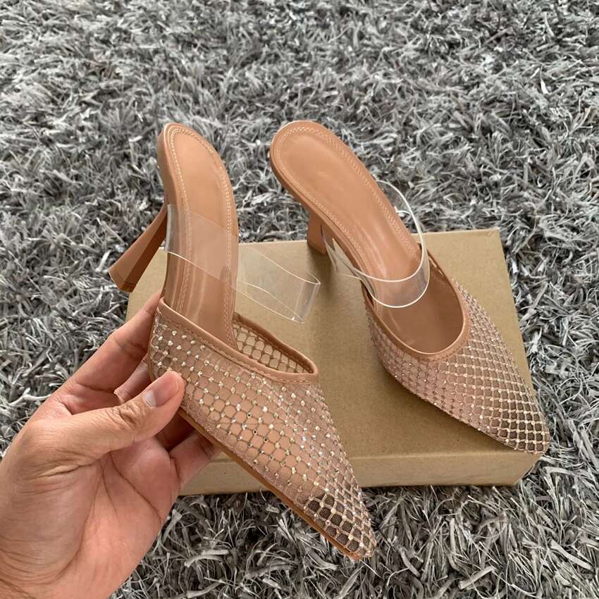 2025 Summer New High Heel Sandals Summer Elegant Pointed Mesh Designer Fashion Party Women's Mule Shoes