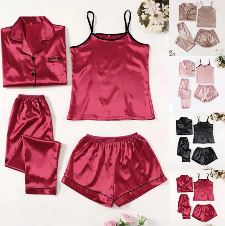 Spring/Summer Women's Home Clothing with Embroidered Fashion Strap Sleepwear Thin Four Piece Set