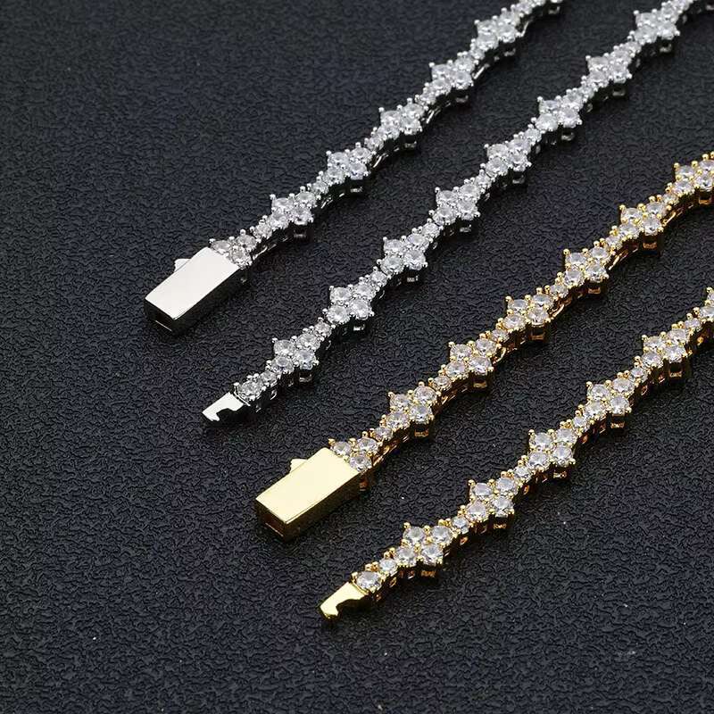 Hip-Hop Mens Womens 925 Sterling Silver VVS Moissanite Diamond Clover Cross Tennis Chain Bracelet Necklace Elegant Bangle