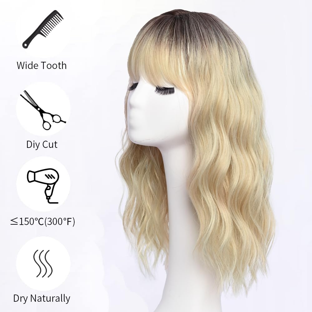 Blonde Wigs with Bangs for Women Synthetic 16inch Medium Length Wigs with Dark Root Natural Long Wavy Fringe Bang wig Heat Resistant Hair for Daily Pa