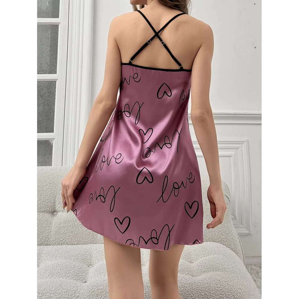 Women's Satin Sleepwear Sexy Nightgowns With Heart Print Sweet Suspenders Home Wear Night Dresses For Woman