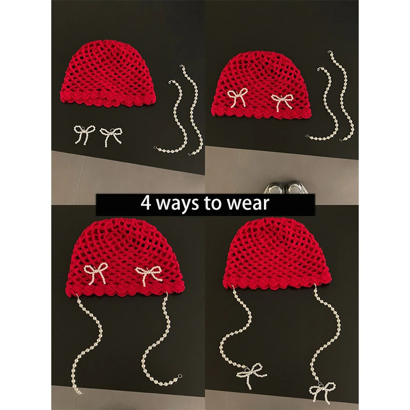 DIY Pearl Bow Pendant Hollow Handmade Knitted Pullover Hat Street Breathable Short Brim Personalized Skull Beanie Cap Korean 250321